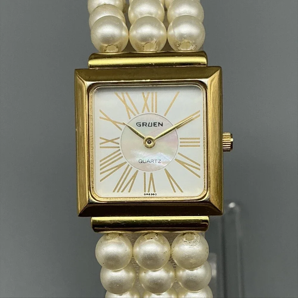 Gruen Womens Watch 22mm Square MOP Faux Pearl Band Gold Tone New Battey 7.25